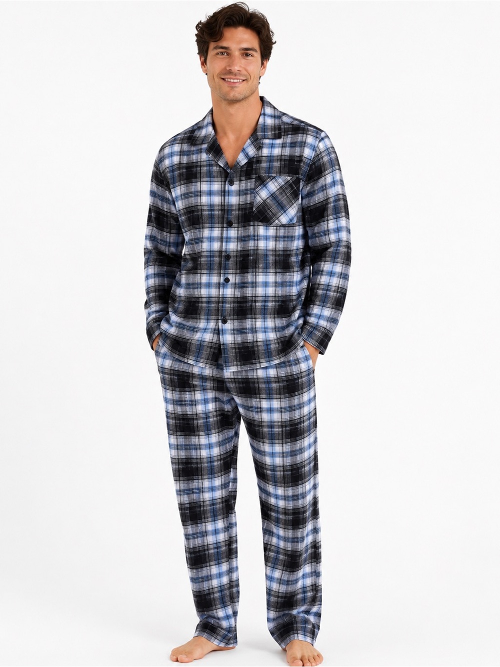 Men's Blue and Black Plaid Flannel Pajama Set -  0634